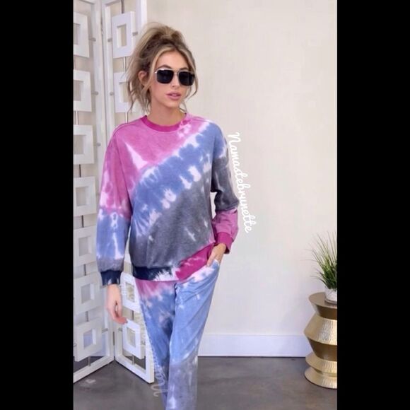 Nwt Boho Pink & Blue Tie Dye Long Sleeve Pullover Sweatshirt - Picture 7 of 13
